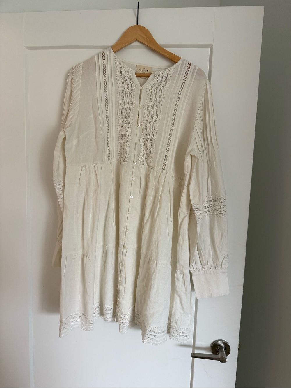 Sezane Cream Button-Front Embroidered Dress